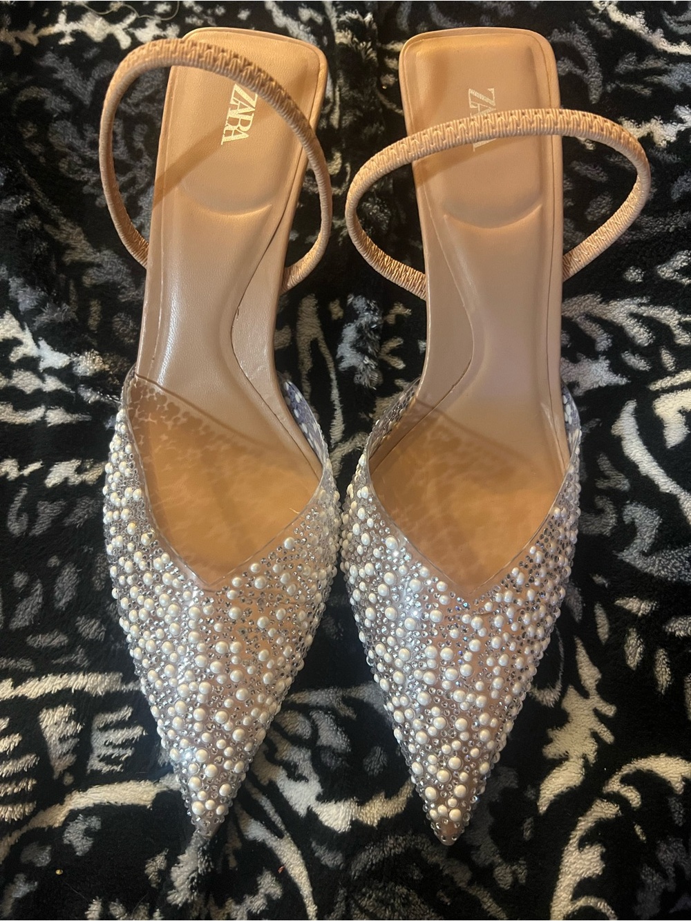 ZARA Pearl & Crystal Embellished Nude Pointed Slingback Heels
